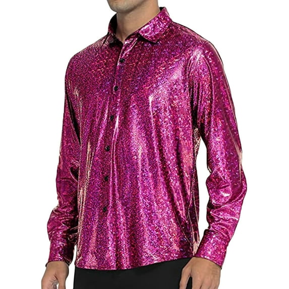 Iugvhana Men's Shiny Sequins Party Shirt Slim Long Sleeve Lapel Button Shirts Hipster Nightclub Prom Costume Shirt Top Hot Pink XXL