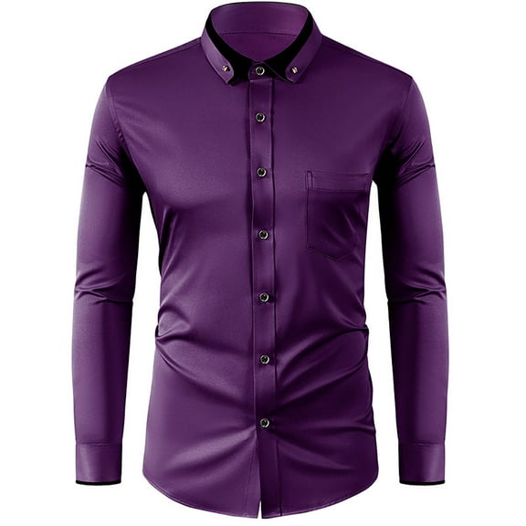 Iugvhana Men's Shirts Button Down Long Sleeve Slim Fit Dress Shirt Casual Fashion Turndown Collar Comfort Soft Blouse Tops Purple M