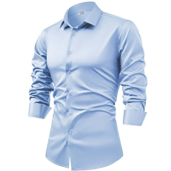 Iugvhana Men's Shirts Four Side Silk Solid Long Sleeve Business Dress Shirts Slim Lapel Button Down Formal Shirt Light Blue L