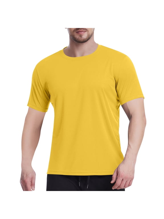 Men's Short Sleeve Round Neck Shirts Casual Solid Lightweight Mesh Breatbale Tops Pullover Athletic T-Shirt Gold L