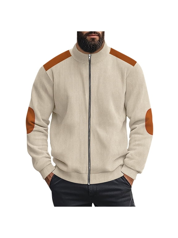 Men's Slim Corduroy Jacket Patchwork Full Zip Stand-Up Collar Coats Jackets Fall Winter Long Sleeve Casual Coat Beige S