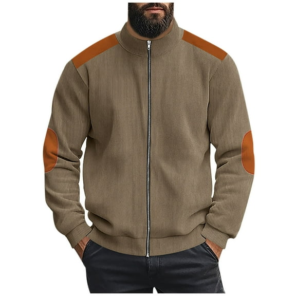 Iugvhana Men's Slim Corduroy Jacket Patchwork Full Zip Stand-Up Collar Coats Jackets Fall Winter Long Sleeve Casual Coat Coffee S