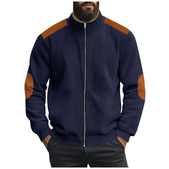 Iugvhana Men's Slim Corduroy Jacket Patchwork Full Zip Stand-Up Collar Coats Jackets Fall Winter Long Sleeve Casual Coat Navy S