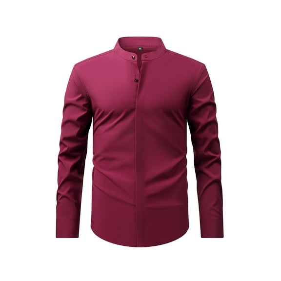 Iugvhana Men's Slim Fit Business Dress Shirts Casual Long Sleeve Stand Collar Solid Color Shirt Top Button Blouse Wine S