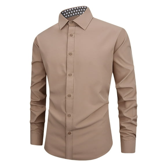 Iugvhana Men's Slim Fit Business Shirt Four Side Silk Solid Cotton Long Sleeve Dress Shirts Lapel Button Down Tops Khaki M