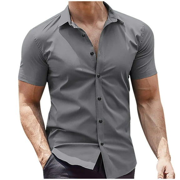 Iugvhana Men's Slim Fit Button Down Shirt Summer Casual Short Sleeve Blouse Tops Fashion Solid Color Turndown Collar Shirts Gray S