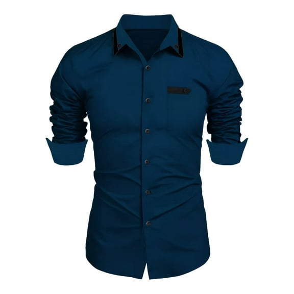 Iugvhana Men's Slim Fit Dress Shirt Long Sleeve Casual Button Down Shirts Lapel Collar Contrast Shirt for Men Wedding Navy XXL