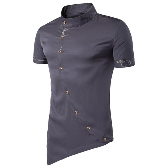 Iugvhana Men's Slim Fit Shirt Slant Placket Embroidered Short Sleeve Stand-up Collar Shirts Pointed Bottom Lower Hem Button Shirt Gray L