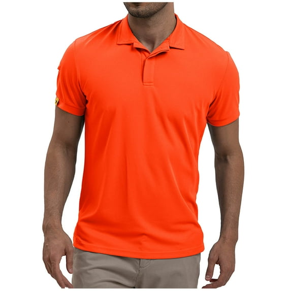Iugvhana Men's Solid Colour Polo Shirt Casual Short Sleeve T-Shirts with Collared Button Pullover Tops Blouse Orange XXL