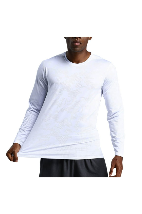 Men's Sports Shirt Long Sleeve Crew Neck Training Athletic Running Tops Workout Pullover Base Layers T-Shirt White S