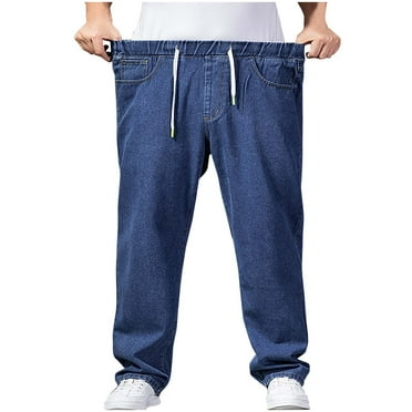 Iugvhana Men's Straight-Fit Jeans Wash Retro Outdoors Denim Trousers with Pockets Drawstring Elastic Waist Casual Loose Regular Fit Jean Pants Blue L