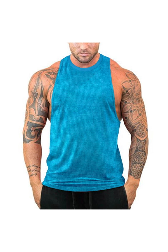 Men's Stringer Tank Tops Muscle Gym Workout Bodybuilding Fitness T-Shirts Cut Off Round-Neck Tank Top Blue M