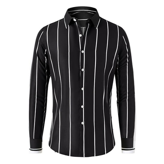 Iugvhana Men's Stripe Print Dress Shirt Slim Fit Long Sleeve Button Collared Shirts Business Formal Work Office Blouse Black XXL