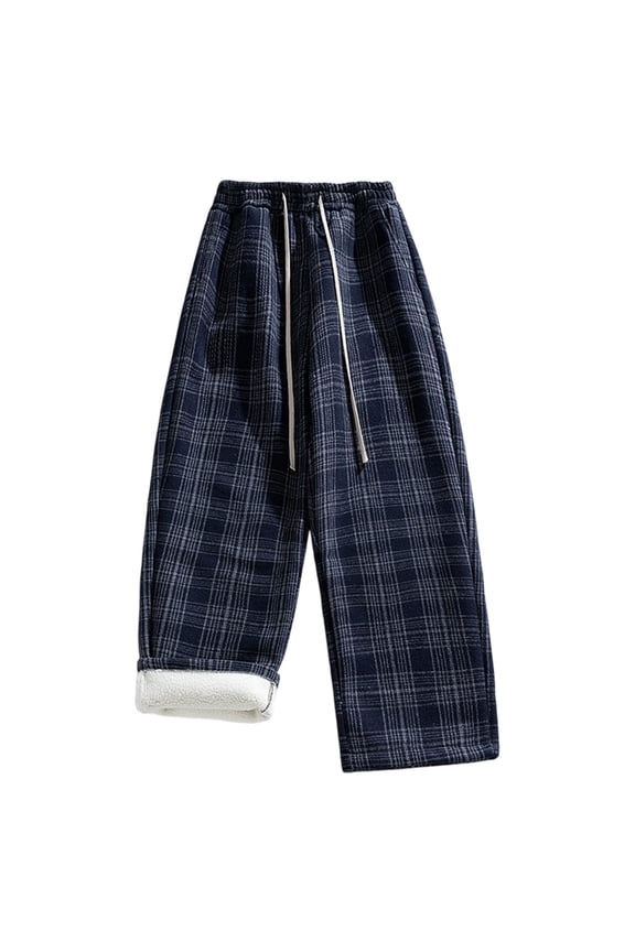 Men's Striped Plaid Pants Stylish Relaxed Fit Fleece Lined Elastic Waist Checkered Thermal Casual Pants with Pockets Blue M