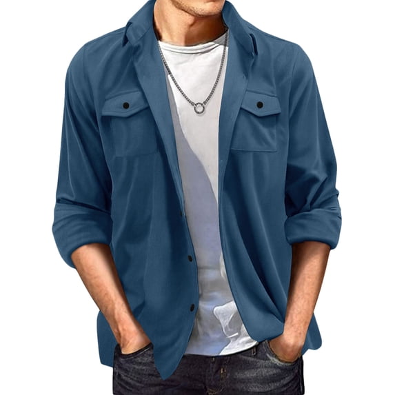 Iugvhana Men's Suede Long Sleeve Shirt Lapel Button Double Pockets Cardigan Shirt Tops Loose Casual Coat Jacket Blue M