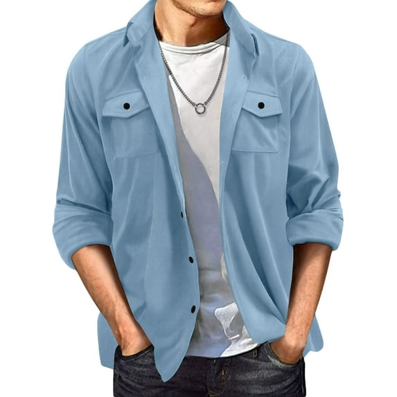 Iugvhana Men's Suede Long Sleeve Shirt Lapel Button Double Pockets Cardigan Shirt Tops Loose Casual Coat Jacket Light Blue XXL