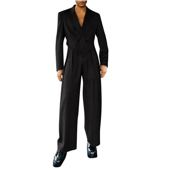 Iugvhana Men's Suit 2 Piece Set Business Casual Outfits Cropped Blazer Jackets High Waisted Wide Leg Work Pants Suits Set Black XXXL