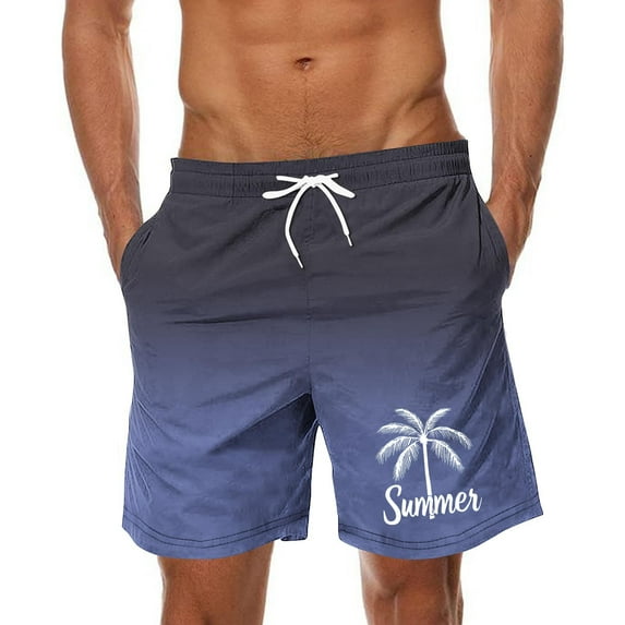 Iugvhana Men's Summer Shorts Swim Trunks Gradient Color Palm Tree Print Hawaiian Beach Shorts with Pockets and Drawstring Navy XXXXL