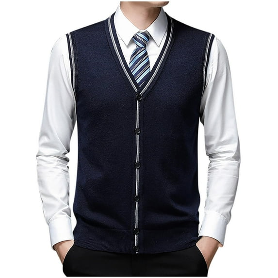 Iugvhana Men's Sweaters Vests V Neck Casual Sleeveless Knitted Button Cardigan Vest Slim Fit Trendy Business Leisure Knit Sweater Navy L