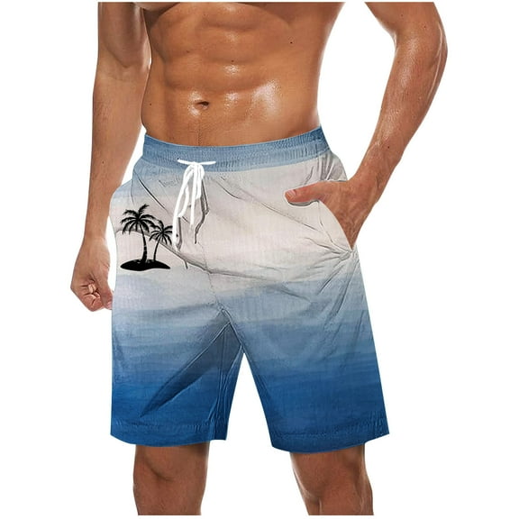Iugvhana Men's Swim Trunks Gradient Color Palm Tree Print Hawaiian Beach Shorts with Pockets and Drawstring Summer Shorts Blue L