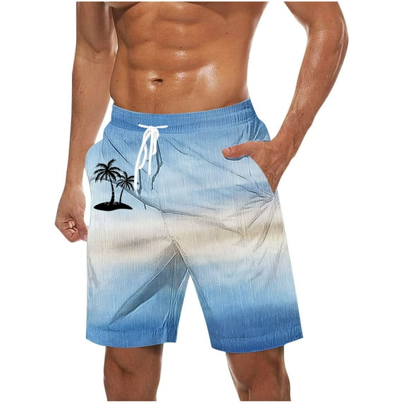 Iugvhana Men's Swim Trunks Gradient Color Palm Tree Print Hawaiian Beach Shorts with Pockets and Drawstring Summer Shorts Light Blue L