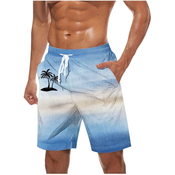 Iugvhana Men's Swim Trunks Gradient Color Palm Tree Print Hawaiian Beach Shorts with Pockets and Drawstring Summer Shorts Light Blue XXXXL