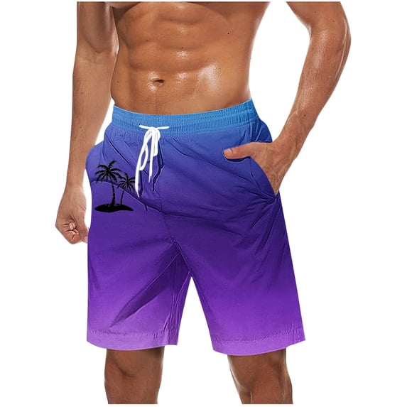Iugvhana Men's Swim Trunks Gradient Color Palm Tree Print Hawaiian Beach Shorts with Pockets and Drawstring Summer Shorts Purple XXXXL