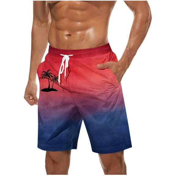 Iugvhana Men's Swim Trunks Gradient Color Palm Tree Print Hawaiian Beach Shorts with Pockets and Drawstring Summer Shorts Red S