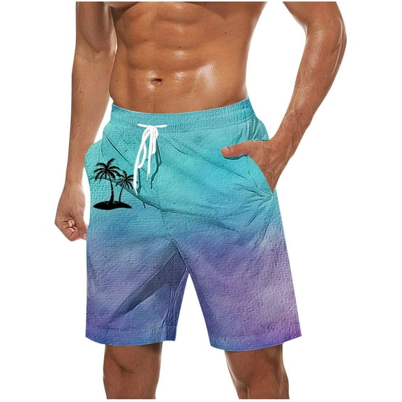 Iugvhana Men's Swim Trunks Gradient Color Palm Tree Print Hawaiian Beach Shorts with Pockets and Drawstring Summer Shorts Sky Blue XL