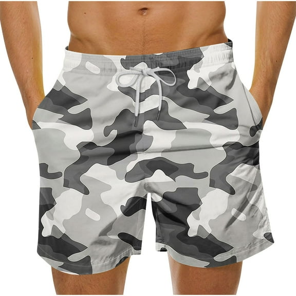 Iugvhana Men's Swim Trunks Quick Dry Bathing Suit Big & Tall Beach Swimsuits Tropical Floral Hawaiian Summer Shorts Gray L