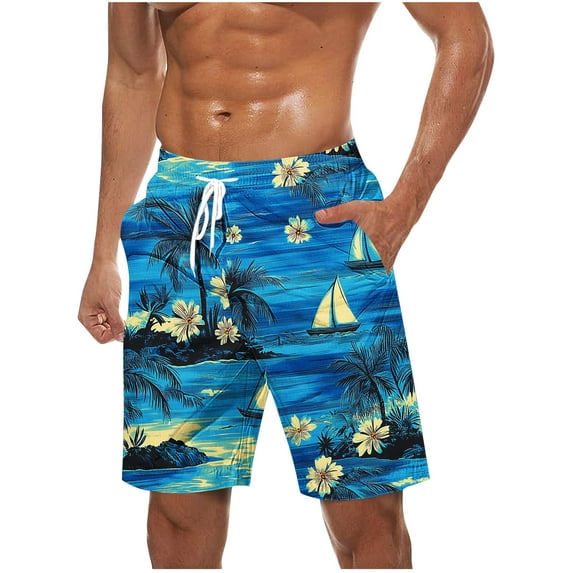 Iugvhana Men's Swim Trunks Quick Dry Bathing Suit Big & Tall Beach Swimsuits with Drawstring Print Summer Beach Shorts Blue XXXL