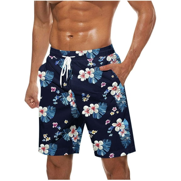 Iugvhana Men's Swim Trunks Quick Dry Bathing Suit Big & Tall Beach Swimsuits with Drawstring Print Summer Beach Shorts Dark Blue#1 L