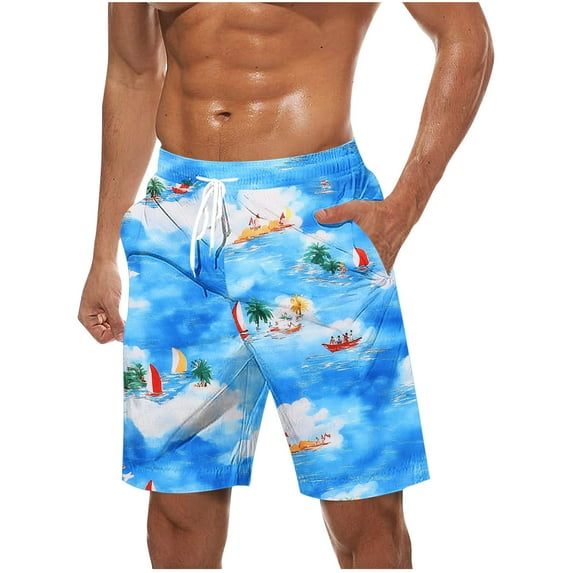 Iugvhana Men's Swim Trunks Quick Dry Bathing Suit Big & Tall Beach Swimsuits with Drawstring Print Summer Beach Shorts Sky Blue M