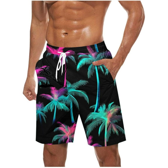 Iugvhana Men's Swim Trunks with Pockets Bathing Suit Summer Hawaiian Tropical Print Drawstring Board Shorts Swimwear Long Shorts Black XXXXL