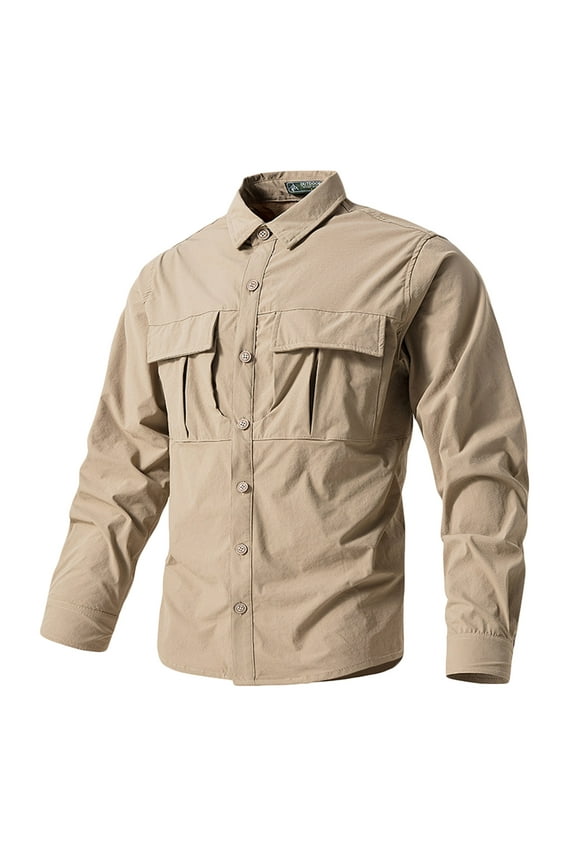 Men's Tactical Shirts Quick Dry UV Protection Breathable Long Sleeve Hiking Fishing Button Shirts with Pocket Khaki XXL
