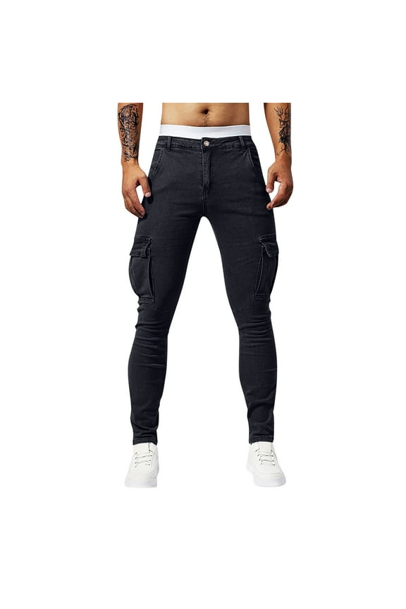 Men's Tapered Leg Cargo Jeans Slim Fit Multi Utility Pockets Stretch Denim Pants Casual Street Style Washed Jean Pants Workwear Black 36