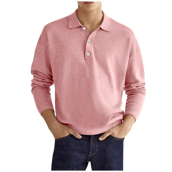 Iugvhana Men's Turndown Collar Shirt Tops Pullover Button Up Long Sleeve Polo Shirts Casual Comfy Fall Clothes Pink S