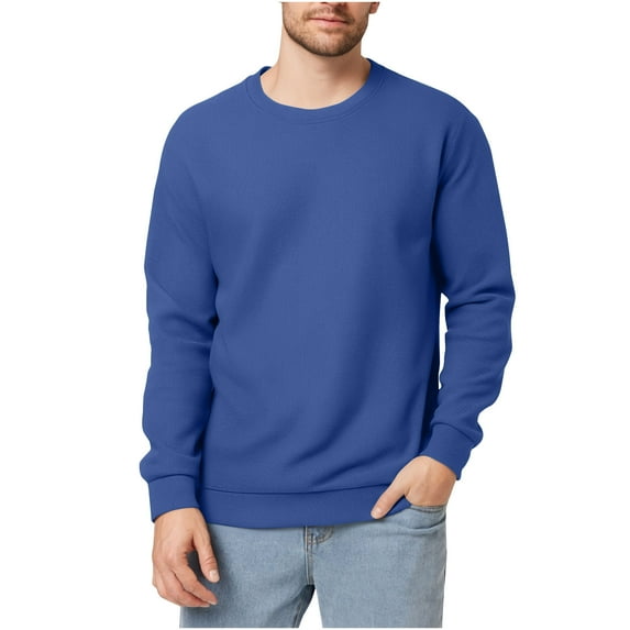 Iugvhana Men's Waffle Long Sleeve Round Neck Shirts Casual Solid Color Baselayer Tops Slim Fit Pullover T-Shirt Blouse Blue S
