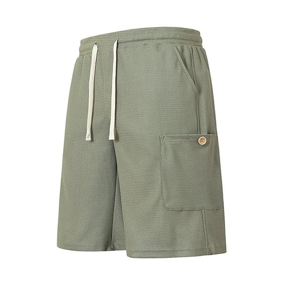 Iugvhana Men's Waffle Shorts Casual Solid Color Pocket Elastic Waist Drawstring Shorts Fashion Leisure Versatile Short Green XS