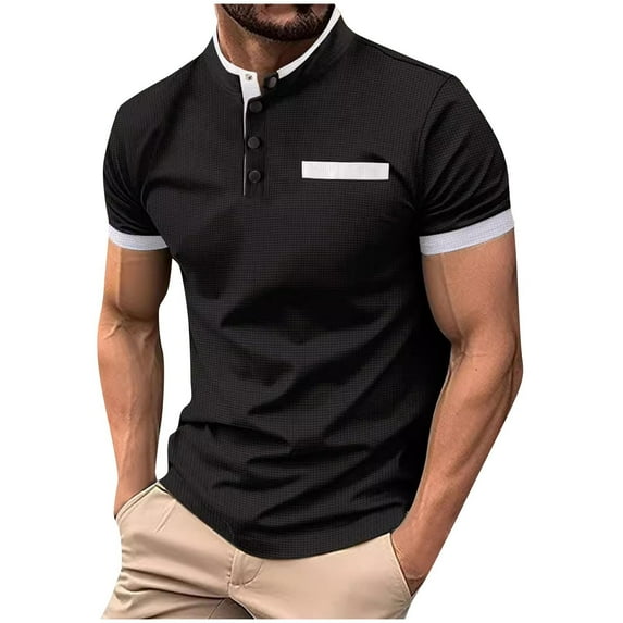 Iugvhana Men's Waffle Stand Collar Polo Shirt Casual Button Up Pullover T-Shirt Summer Short Sleeve Shirts Tops Black M