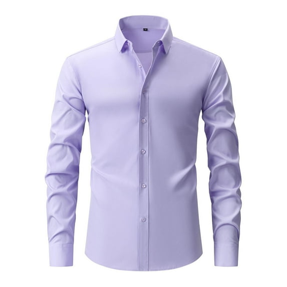 Iugvhana Men's Wrinkle-Free Business Dress Shirt Casual Solid Regular-Fit Long Sleeve Lapel Button Shirt Slim Formal Shirt Light Purple XXL