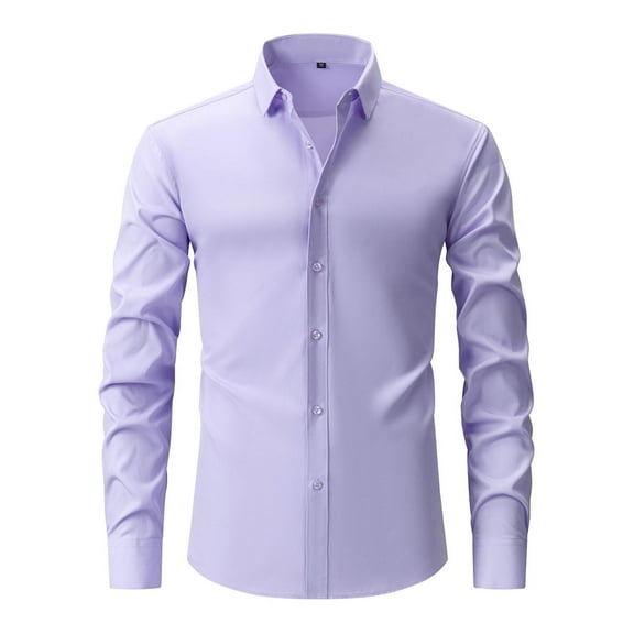 Iugvhana Men's Wrinkle-Free Business Dress Shirt Casual Solid Regular-Fit Long Sleeve Lapel Button Shirt Slim Formal Shirt Light Purple XXXL