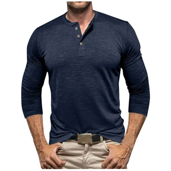 Iugvhana Mens 100% Cotton Henley Shirt Top Long Sleeve Solid Color Basic Button Up Pullover Shirts Round Neck T-Shirts Navy M