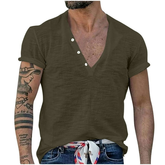 Iugvhana Mens 100%Cotton V-Neck Shirts Short Sleeve T-Shirts Casual Solid Color Regular Fit Basic Tops Blouse Army Green L
