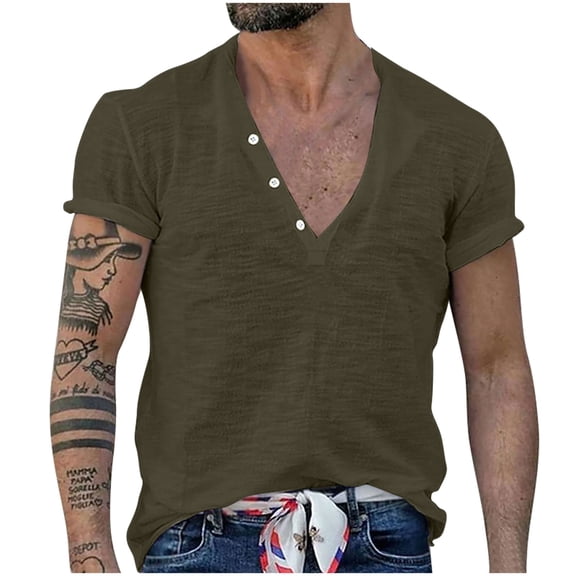 Iugvhana Mens 100%Cotton V-Neck Shirts Short Sleeve T-Shirts Casual Solid Color Regular Fit Basic Tops Blouse Army Green XXXL