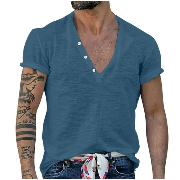Iugvhana Mens 100%Cotton V-Neck Shirts Short Sleeve T-Shirts Casual Solid Color Regular Fit Basic Tops Blouse Navy XXXL