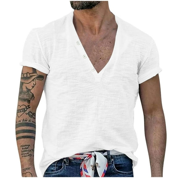 Iugvhana Mens 100%Cotton V-Neck Shirts Short Sleeve T-Shirts Casual Solid Color Regular Fit Basic Tops Blouse White XXXL