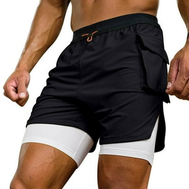 Iugvhana Mens 2 in 1 Running Shorts Quicking Dry Breathable Gym Athletic Workout Shorts with Compression Liner Black L