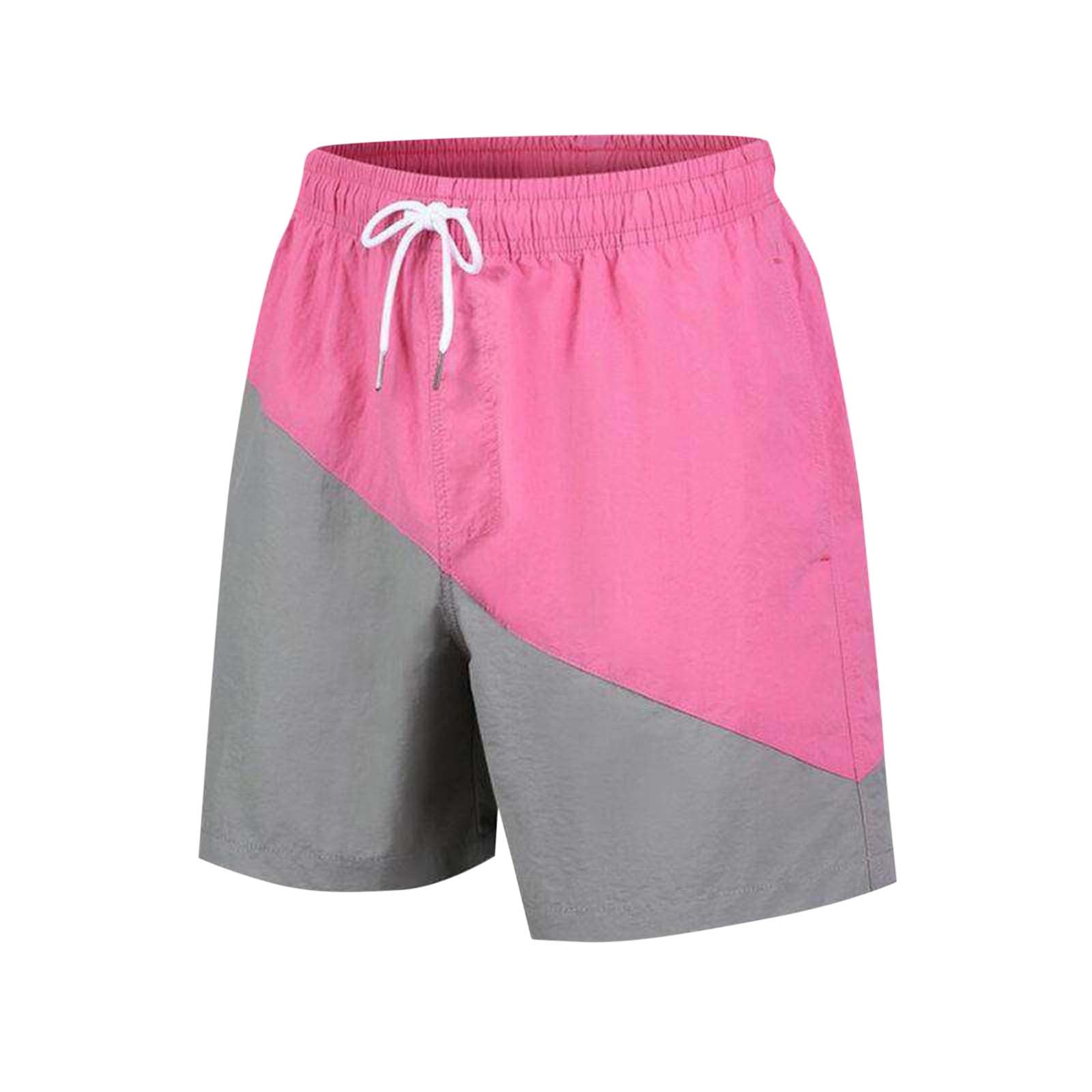 Iugvhana Mens Beach Shorts Swim Trunks Color Block Drawstring Elastic Waistband Shorts Quick Dry Men's Bathing Suit with Side Pockets Pink XXXXL