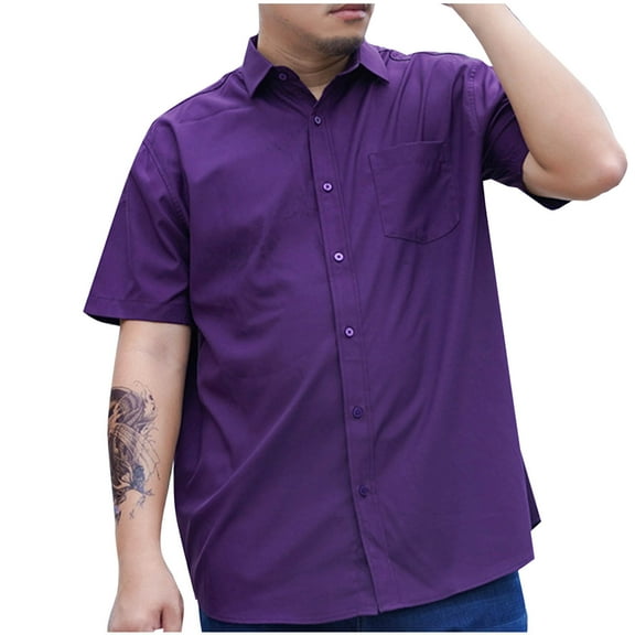 Iugvhana Mens Business Dress Shirts Big and Tall Loose Casual Solid Regular-Fit Button Down Lapel Short Sleeve Shirt Summer Office Tops Purple XXL